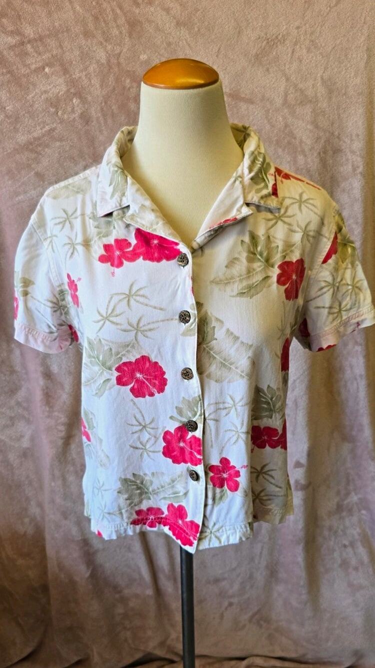 Vintage 90s Island Traders L Rayon Hawaiian Shirt Pink Floral Tropical Aloha
